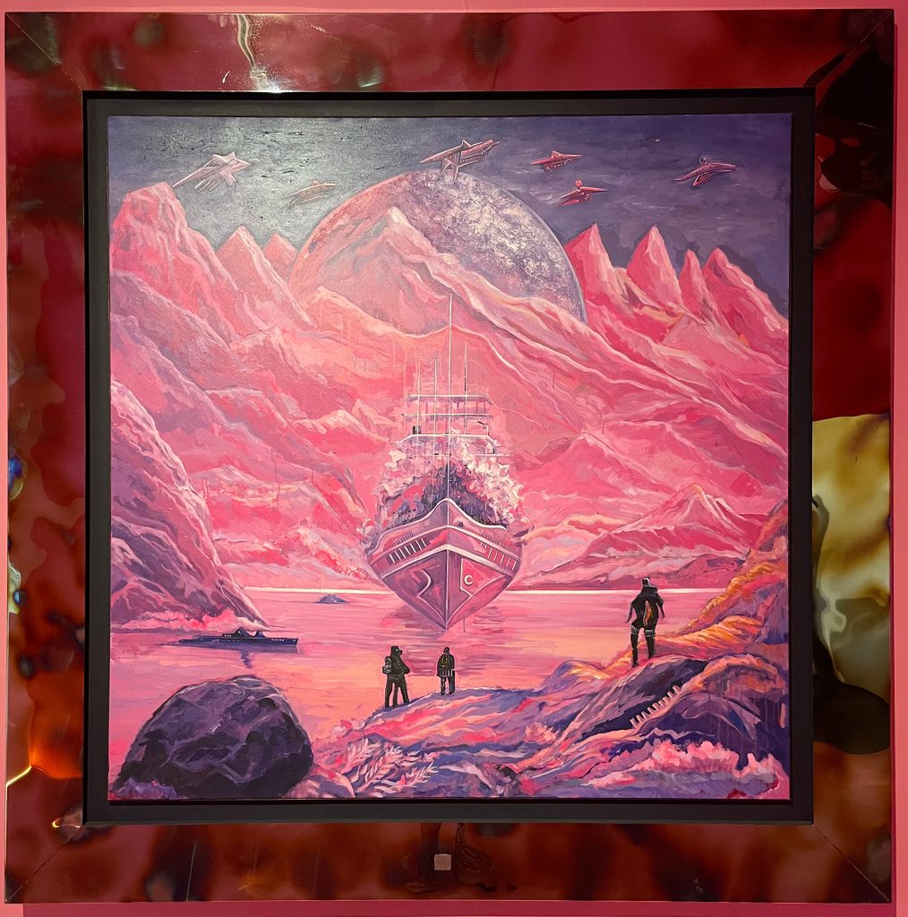 Pink ship in pink alien planet landscape