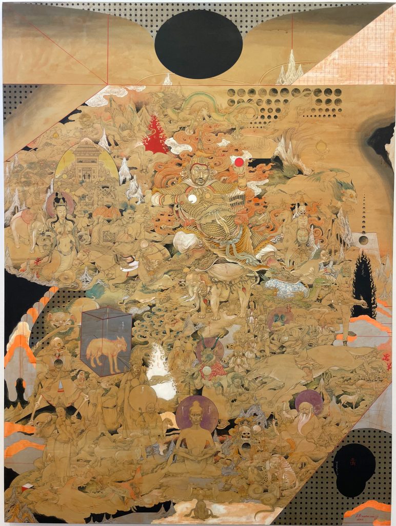 artwork featuring many different animals, people and asian deities