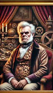 An ai-created velvet painting of Andy Rooney as an aristocratic 19th Century luddite.